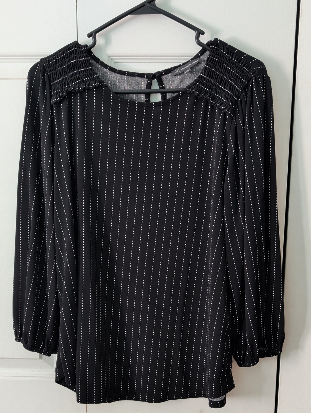 Adrianna Papell Black Pinstripe Smocked Shoulder Long Sleeve Blouse